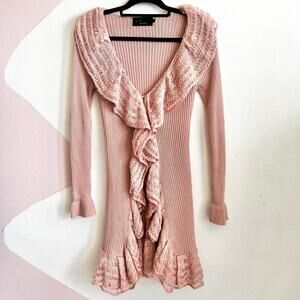 Vintage Pink Ruffle Front Fairy Cardigan Y2K Cottagecore Soft Girl Indie Medium